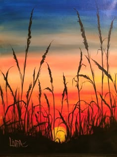 a painting of some tall grass at sunset