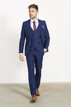 HARRY BROWN Slim Fit Three Piece Blue Suit // Slater Menswear Blue Suit And Tie, Navy Blue Groom, Groom Suits, Blue Suit Men, Blue Suits, Slim Fit Tuxedo, Groom Tuxedo, Wedding Suits Groom, Suit Ideas