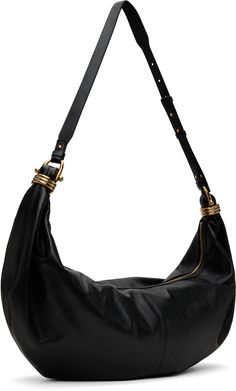 LWG-certified grained calfskin shoulder bag in black. · Adjustable crossbody strap · Gold-tone logo stamp at face · Gathering and graphic hardware at sides · Zip closure · Patch pocket at interior · Calfskin suede lining · Gold- and silver-tone hardware · H13 x W26 x D2 Supplier color: Black