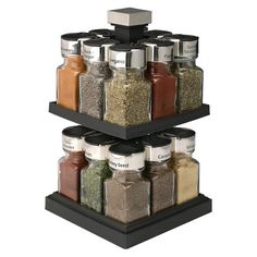 three tier spice rack with spices on top