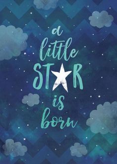 a little star is born on a blue background with clouds and stars in the sky