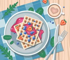 a plate with waffles and berries on it next to a cup of coffee