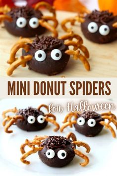 chocolate covered donuts decorated with googly eyes and spider noses for halloween treats on a white plate