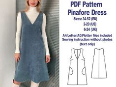 a woman standing next to a wall wearing a blue dress and white tights with the text, pdf pattern pinafre dress sizes 34 / 42 / 42 / 52 eu