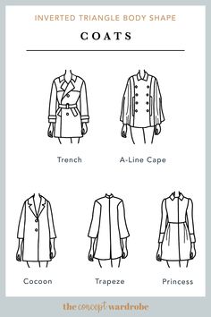 the concept wardrobe | A selection of great coat styles for the inverted triangle body shape. Belted and nipped as well as flaring styles work best for this body shape. Pear Body Shape Fashion