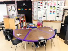 a classroom with several tables and chairs around it, all in different shapes and sizes