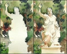 two pictures of the same statue in different stages of being painted with watercolors