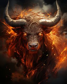 a bull with long horns is on fire