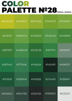 the color palette is green, yellow and black with white letters on it that read'color palette no 28 '