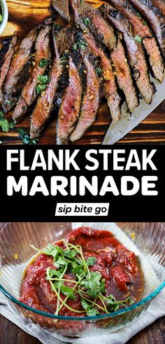 flank steak marinade with tomatoes and herbs on the side