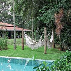 a hammock hanging in the middle of a yard next to a swimming pool