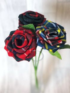 two red, black and blue flowers in a vase on a white table cloth background