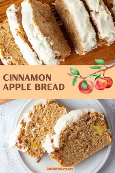 Two images. On top, a sliced loaf of cinnamon apple bread with vanilla icing. On bottom, two slices off apple bread with icing on a plate. Spiced Bread, Cinnamon Apple Bread, Fall Bread, Savory Apple Recipes, Best Apples For Baking, Baked Cinnamon Apples, Recipes With Yeast, Cinnamon Bread Recipe, Apple Bread Recipe