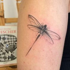 a small dragonfly tattoo on the right arm and shoulder, it appears to be drawn in black ink