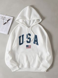 White Casual  Long Sleeve Polyester Letter,Flag Pullovers Embellished Slight Stretch Fall/Winter Women Sweatshirts White Fashion Casual, Girl Trends, American Flag Print, Lined Hoodie, Printed Drawstring, Tops Fall, Drawstring Hoodie, Casual Hoodie, Perfect Shirt