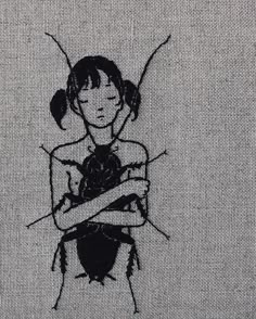 a drawing of a woman holding a cat on top of a piece of cloth with black thread