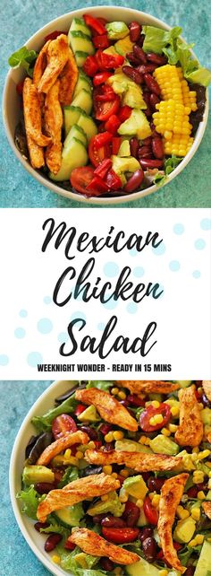 mexican chicken salad with corn, tomatoes and avocado