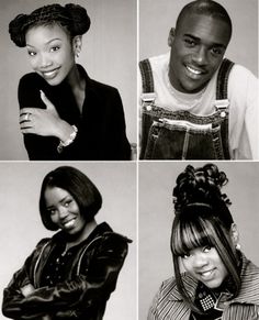 four black and white photos of people with different hairstyles, one smiling at the camera