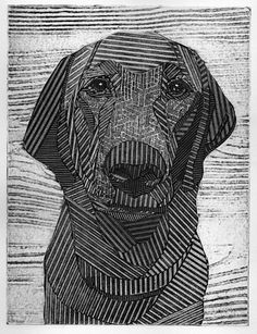 a black and white drawing of a dog wearing a striped scarf on top of a wooden floor