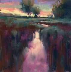 an abstract painting of trees and water at sunset