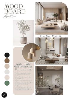 a brochure for a living room with furniture and decor items in shades of beige