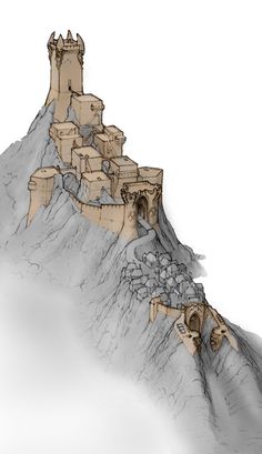 a drawing of a castle on top of a mountain