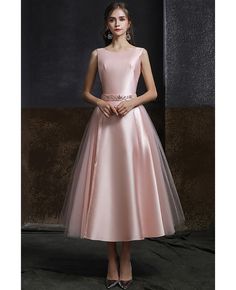 Buy pink satin aline tea length wedding formal party dress sleeveless at wholesale price online. Free shipping and pro custom service since 2009. Pink Wedding Party, Party Dress Pink, Backless Formal Dresses, Tea Length Wedding, Graduation Dresses, Formal Party Dress, Dresses 2020, Wedding Formal, Satin Wedding