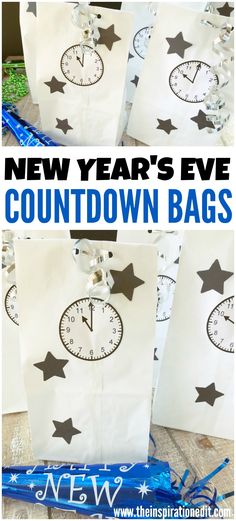 the new year's eve countdown bags are made with white paper and black stars