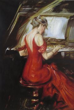 a painting of a woman in a red dress sitting at a piano playing the piano