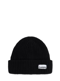 Logo detail Ganni Beanie, Fishermans Rib, Ribbed Knit Beanie, Black Hats, Beanie Black, Women's Beanie, Bags Logo, Wool Beanie, Mohair Sweater