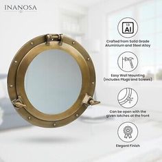 an open porthole mirror with instructions on how to put it in the bathroom or bedroom