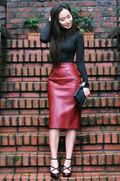 Red leather pencil skirt and strappy heels Red Leather Skirt Outfit, Red Leather Pencil Skirt, Long Leather Skirt, Red Leather Skirt, Shiny Skirts, Leather Skirt Outfit, Below The Knee Dresses, Pencil Skirt Outfits, Moda Chic