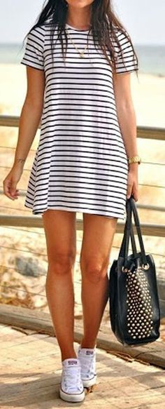 Comfy Cute Stripe Dress ❤︎ I love how easy this outfit is. #nautical #converse #navy Dress And Converse Outfit, Navy Striped Dress Outfit, Pinterest Summer Outfits, Dress And Converse, Summer Outfits 2015, Striped Dress Outfit, Navy Striped Dress, Pinterest Summer, Converse Outfit