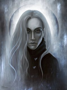 a painting of a woman with long white hair and blue eyes in front of a full moon