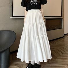 High Waist Plain Ruffle Midi A-Line Skirt mySite Fairycore Dress, Dark Academia Clothes, Fairycore Clothes, Academia Clothes, Cottagecore Outfits, Kawaii Dress, White Skirt, Kawaii Clothes, Harajuku Fashion