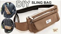 the sling bag has two zippers on each side and is attached to an adjustable belt