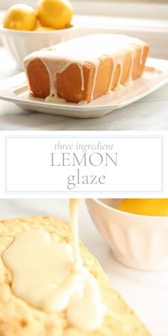 lemon glaze being poured onto a piece of cake on a plate next to a bowl of lemons