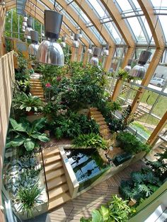 the inside of a building with many plants and stairs leading up to an upper level