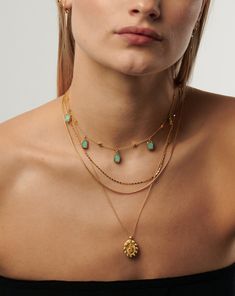 Lena Charm Choker | 18ct Gold Plated Vermeil/Amazonite. Our Best Selling Lena Charm Choker Necklace Features Evenly Spaced Amazonite Gemstones – Known for Healing – Sitting on a Delicate 18Ct Gold Vermeil Bobble Chain. Layer with Chain Necklaces or Pair with the Lena Charm Necklace. Metal: 18Ct Gold Plated Vermeil on Sterling Silver Gemstone: Amazonite Gemstones Dimensions: 9 X 6. 5 mm Chain: Total Length 380 mm with Continuous Extension from 310 mm to 380 mm Weight: 5 g Product Code: Zu-G-Nc7-A Jewelry Diy Ideas, Double Chain Bracelet, Green Amazonite, Fan Necklace, Charm Choker Necklace, Double Chain Necklace, Silver Choker, Trends 2024, Bracelets And Necklaces