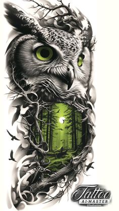 an owl with green eyes is shown on the back of a tattoo art print,