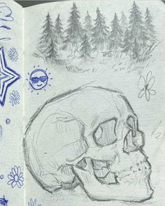 a pencil drawing of a skull in the woods