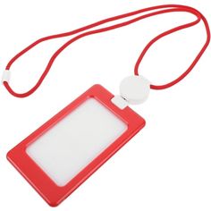 a red and white id badge with a lanyard attached to the front of it