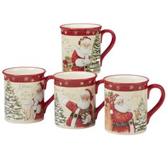 four red and white coffee mugs with santa clause on the front, sitting next to each other