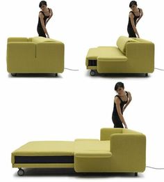 a woman standing on top of a yellow couch