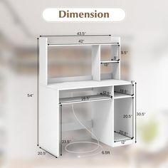 the measurements for an office desk with drawers and shelves are shown in front of a white background