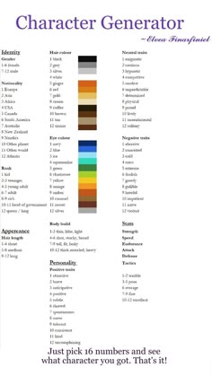 the color chart for character generator, which includes different colors and font choices to choose from