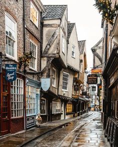 a wet street with old buildings on both sides