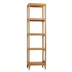 a tall wooden shelf with three shelves on each side and two legs at the bottom