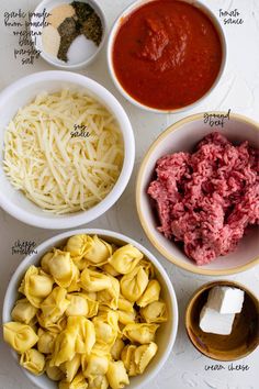 four bowls with different types of pasta and sauces in them on a white surface