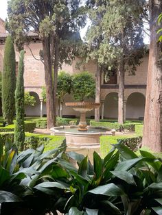 a fountain in the middle of a courtyard surrounded by trees and bushes with potted plants on either side